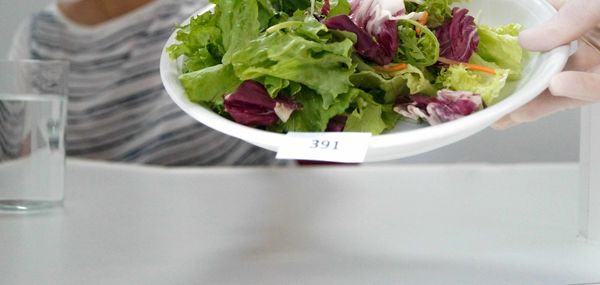 Nummerierter Teller mit Salat, Bestandteil einer Sensorischen Prüfung von Lebensmitteln