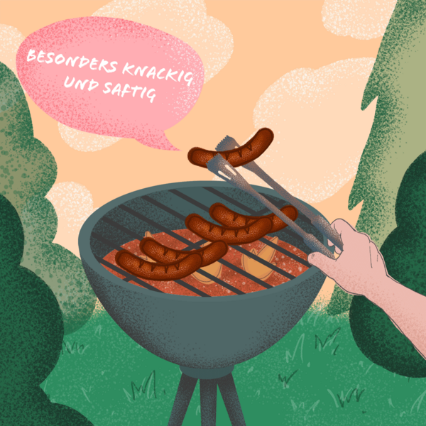 Bratwurst auf Grill beworben mit Sensory Claim besonders knackig und saftig